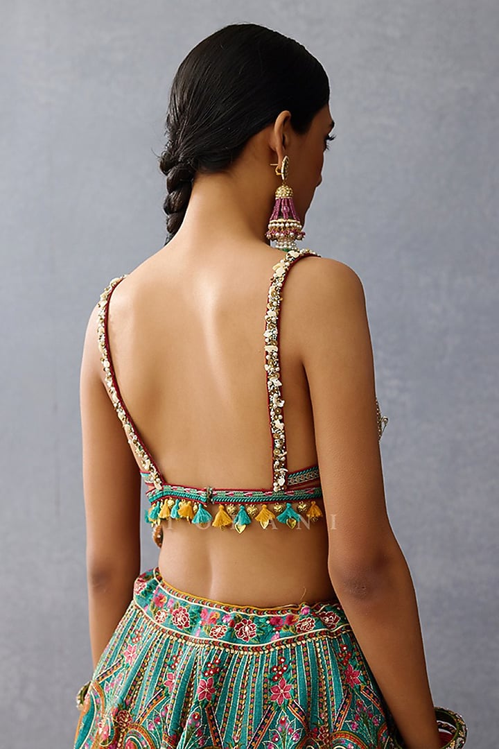 Aqua Blue Slub Silk Digital Printed Bridal Bridal Lehenga Set by TORANI at Pernia's Pop Up Shop