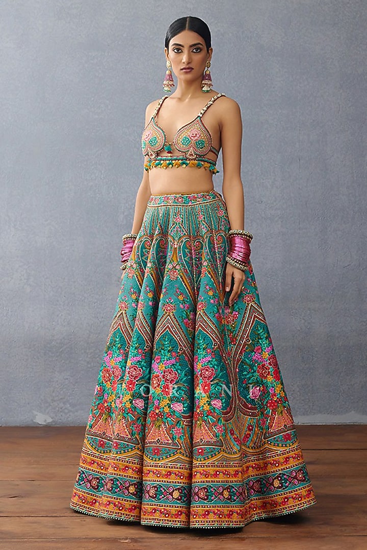 Aqua Blue Slub Silk Digital Printed Bridal Bridal Lehenga Set by TORANI at Pernia's Pop Up Shop