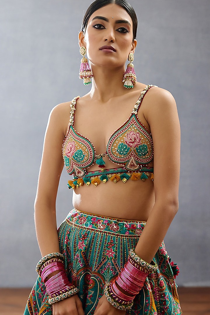 Aqua Blue Slub Silk Digital Printed Bridal Bridal Lehenga Set by TORANI at Pernia's Pop Up Shop