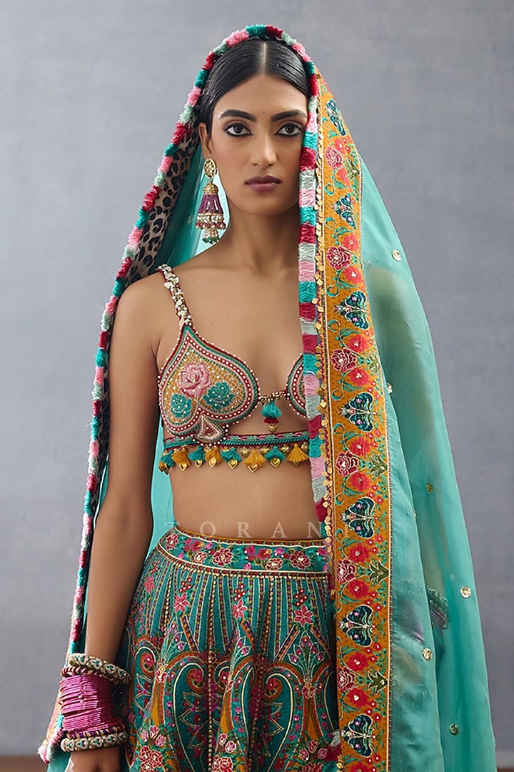 Aqua Blue Slub Silk Digital Printed Bridal Bridal Lehenga Set by TORANI at Pernia's Pop Up Shop
