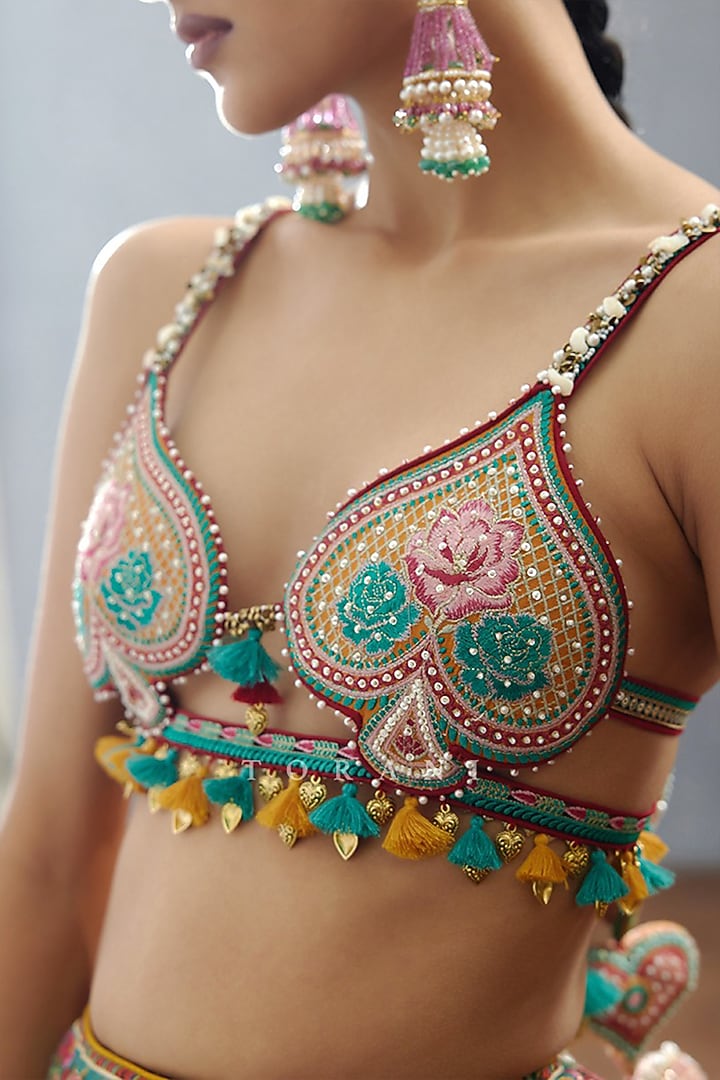 Aqua Blue Slub Silk Digital Printed Bridal Bridal Lehenga Set by TORANI at Pernia's Pop Up Shop