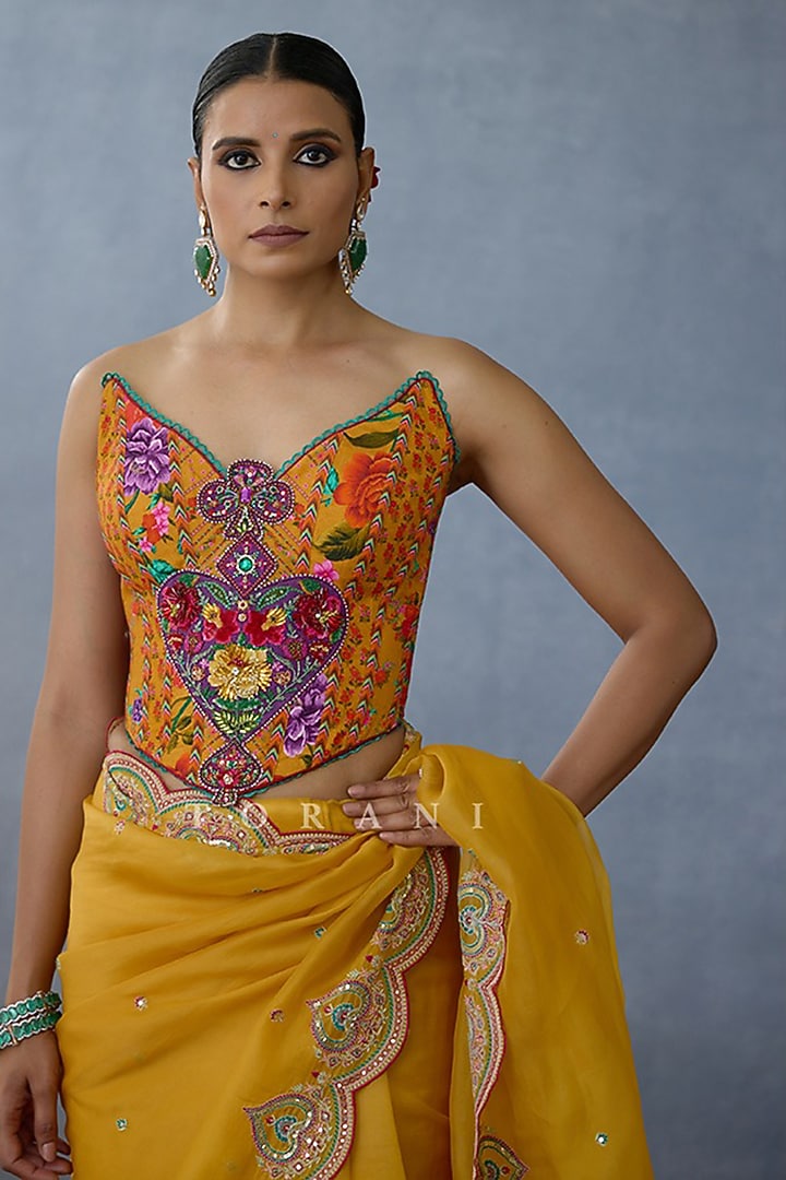 Yellow Jeni Silk Digital Printed & Embroidered Corset by TORANI at Pernia's Pop Up Shop