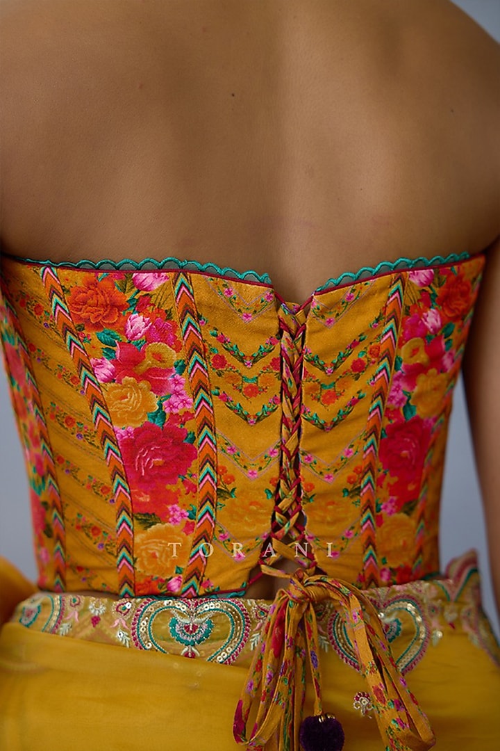 Yellow Jeni Silk Digital Printed & Embroidered Corset by TORANI at Pernia's Pop Up Shop