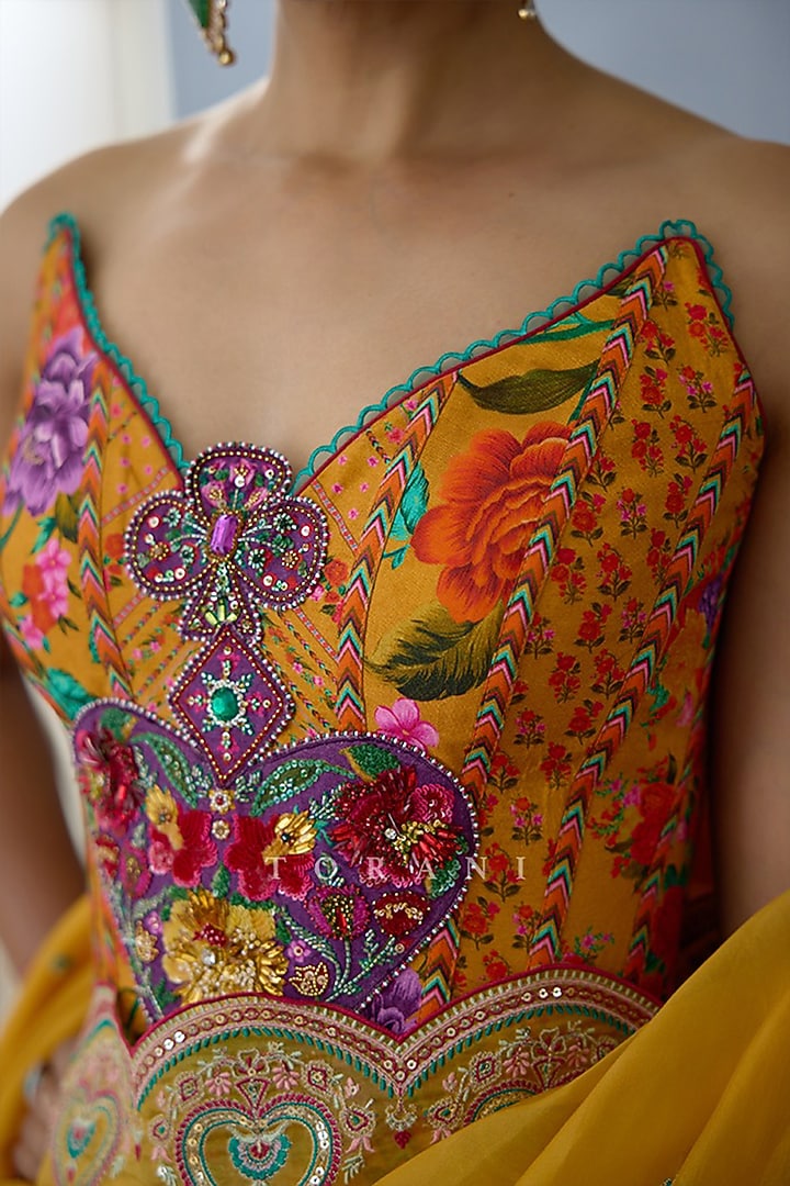 Yellow Jeni Silk Digital Printed & Embroidered Corset by TORANI at Pernia's Pop Up Shop