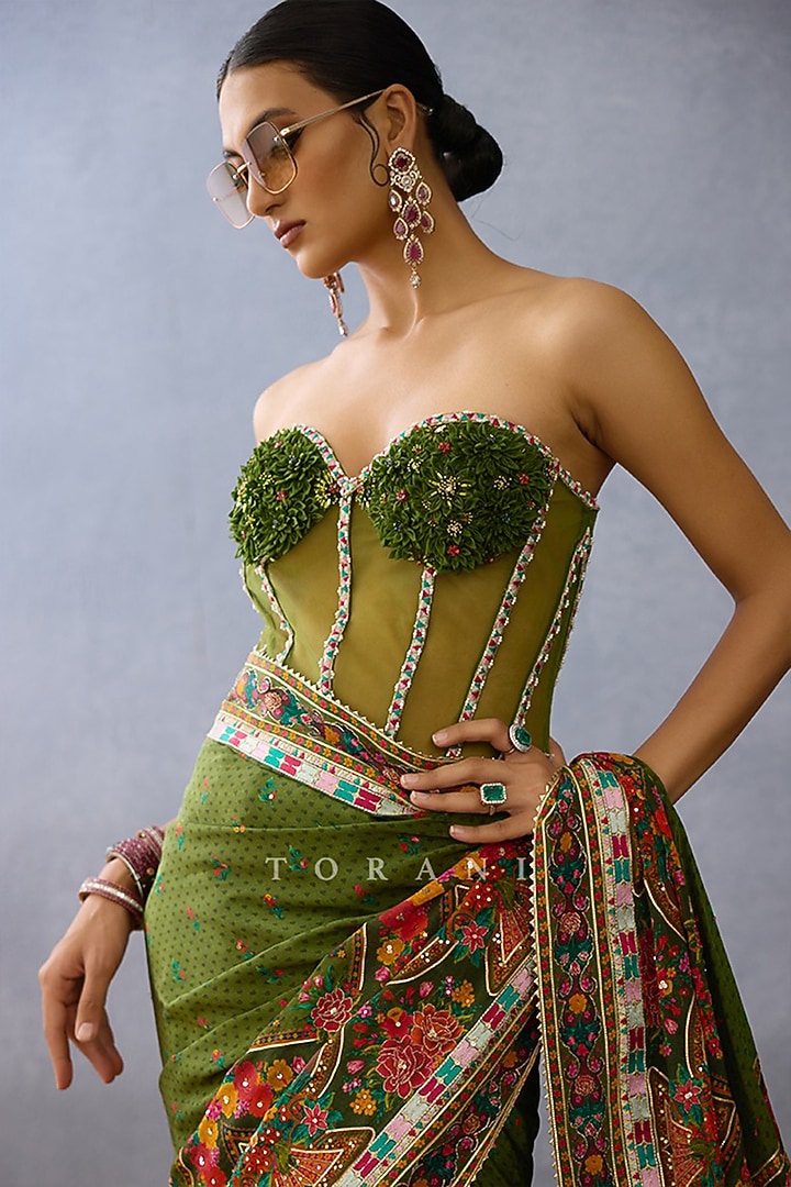 Green Butterfly Net Embellished Corset by TORANI at Pernia's Pop Up Shop