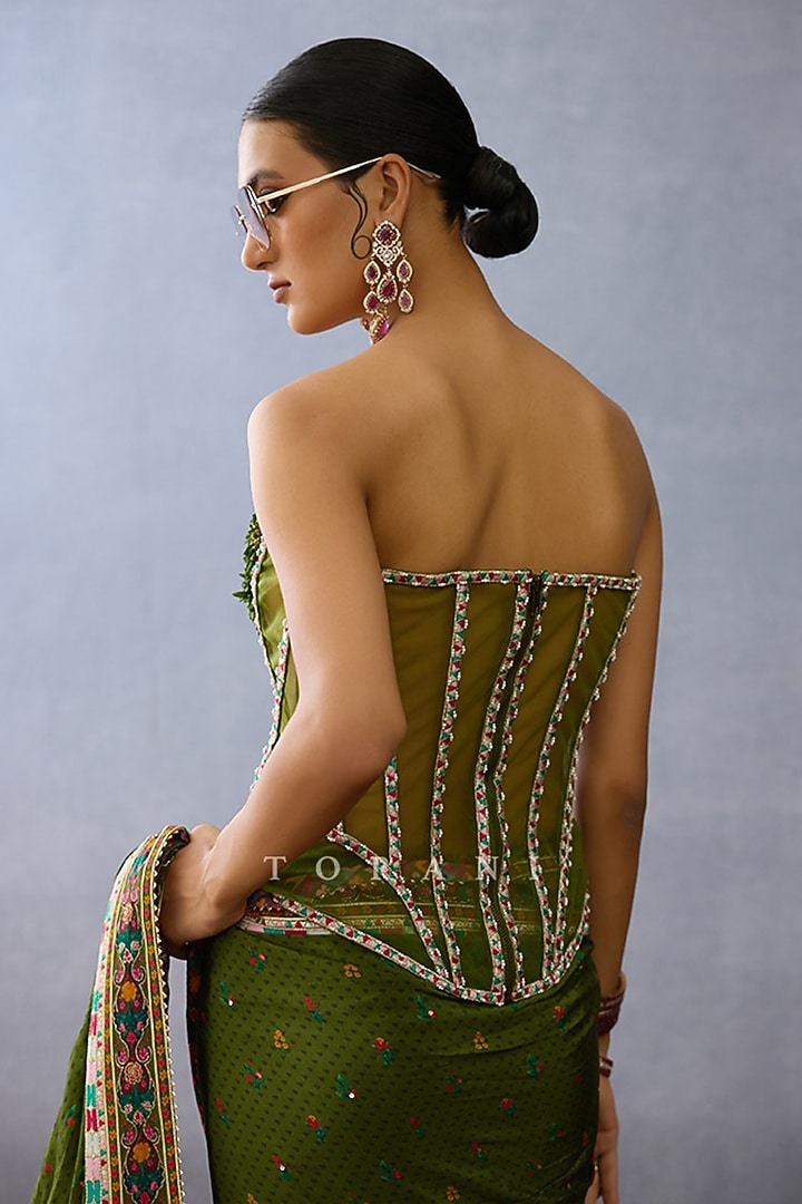Green Butterfly Net Embellished Corset by TORANI at Pernia's Pop Up Shop