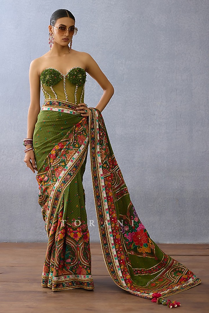 Green Butterfly Net Embellished Corset by TORANI at Pernia's Pop Up Shop
