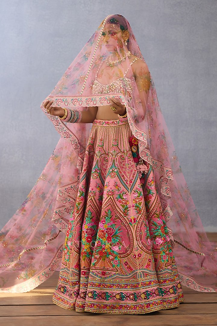 Pink Slub Silk Printed & Embroidered Bridal Bridal Lehenga Set by TORANI at Pernia's Pop Up Shop