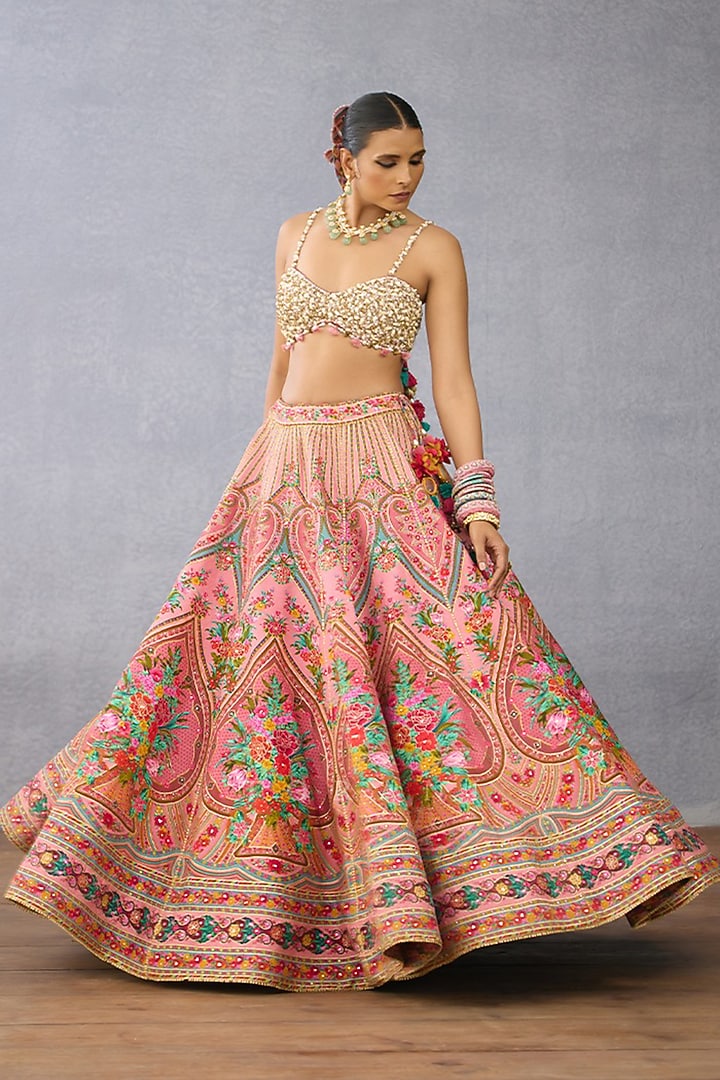 Pink Slub Silk Printed & Embroidered Bridal Bridal Lehenga Set by TORANI at Pernia's Pop Up Shop