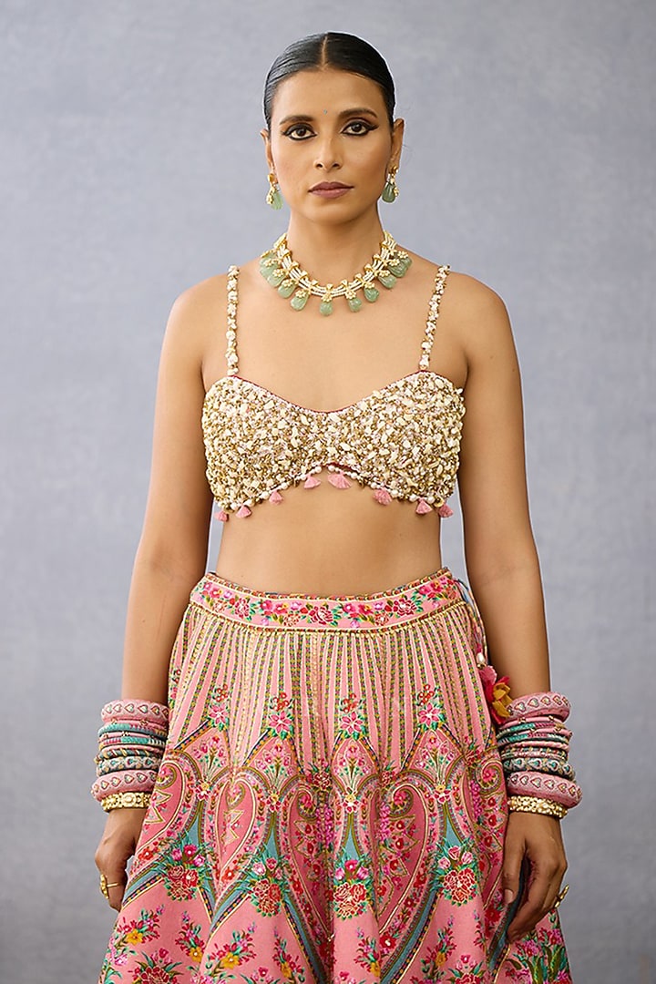 Pink Slub Silk Printed & Embroidered Bridal Bridal Lehenga Set by TORANI at Pernia's Pop Up Shop