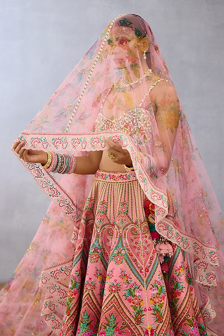 Pink Slub Silk Printed & Embroidered Bridal Bridal Lehenga Set by TORANI at Pernia's Pop Up Shop