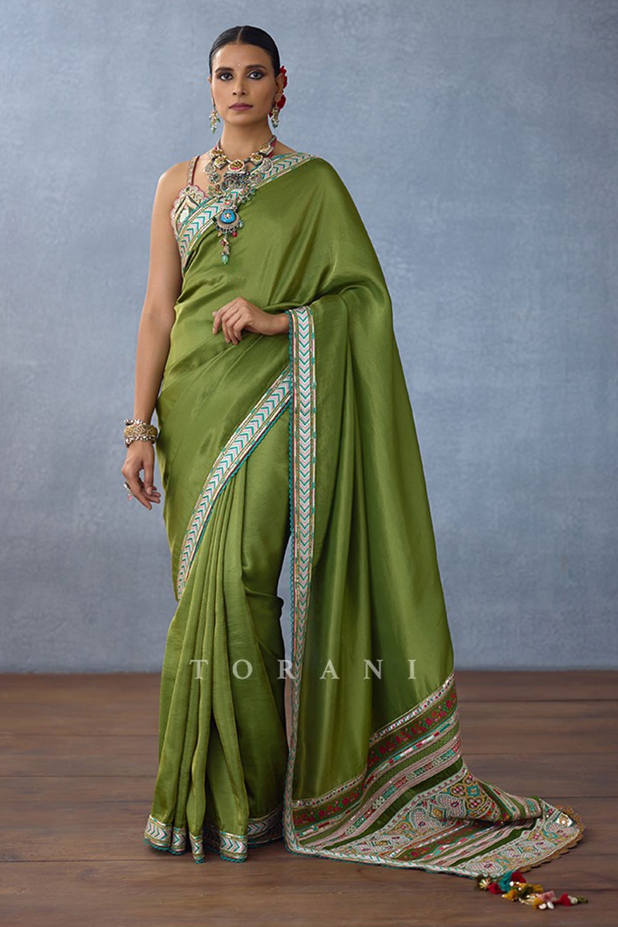 TORANI Green Tissue Embroidered Saree