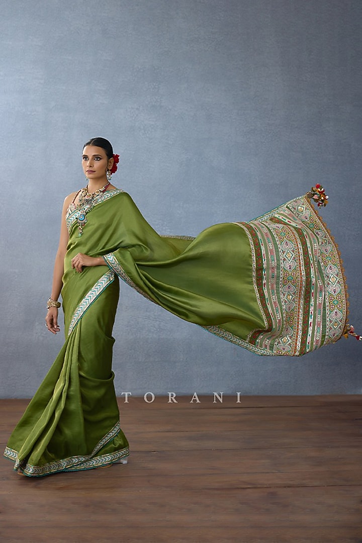 Green Tissue Embroidered Wedding Saree by TORANI at Pernia's Pop Up Shop