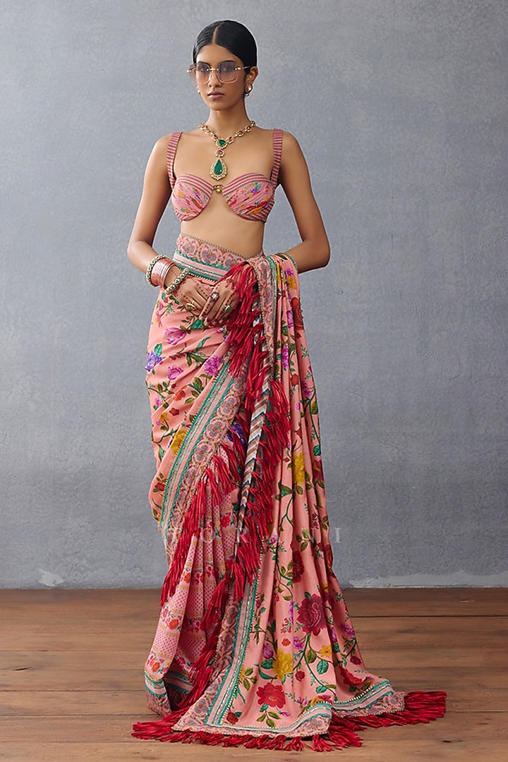 Pink South Slub Silk Digital Printed Bralette by TORANI at Pernia's Pop Up Shop