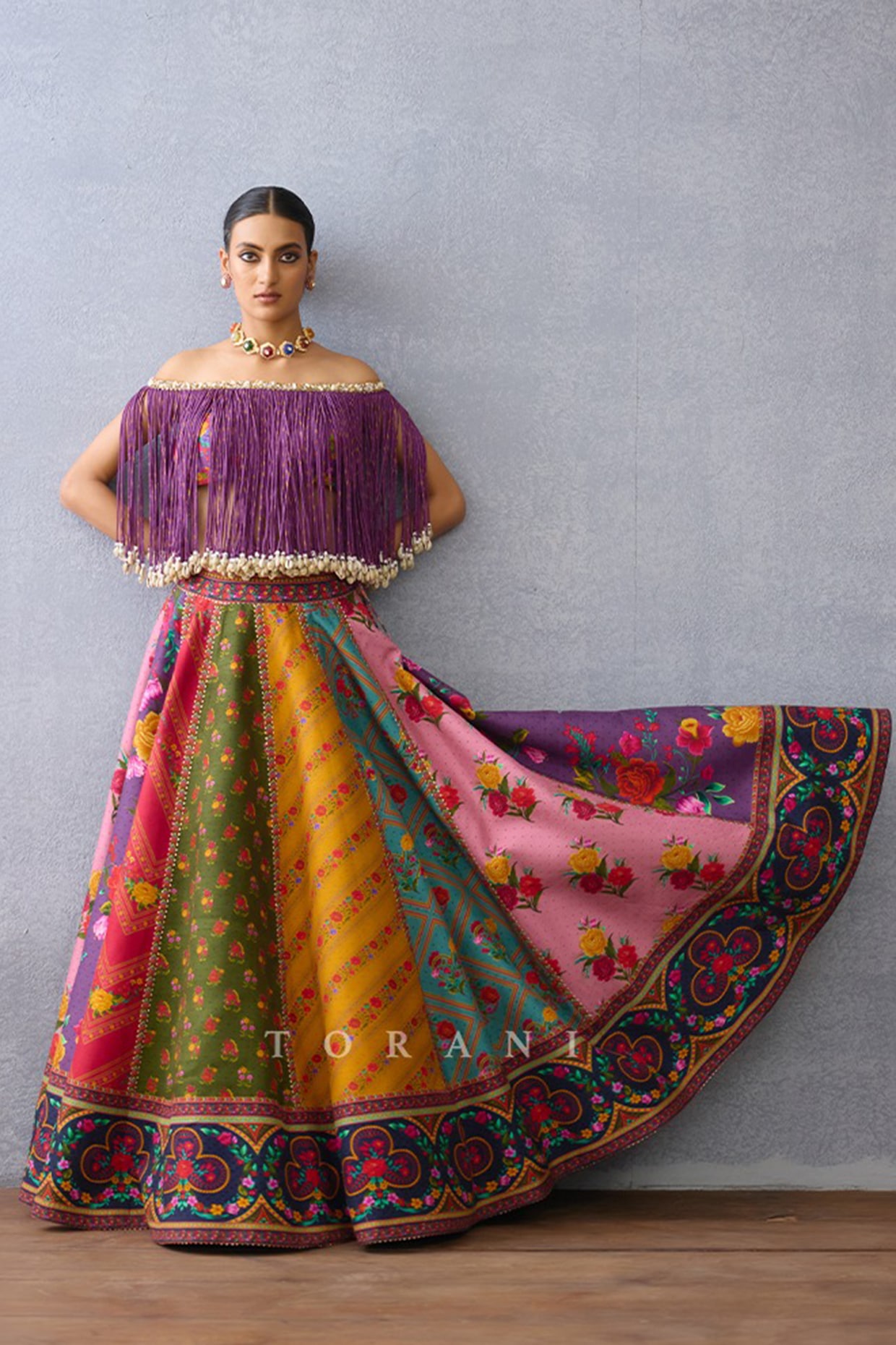 TORANI Purple Jeni Silk Floral Printed Bridal Lehenga Set