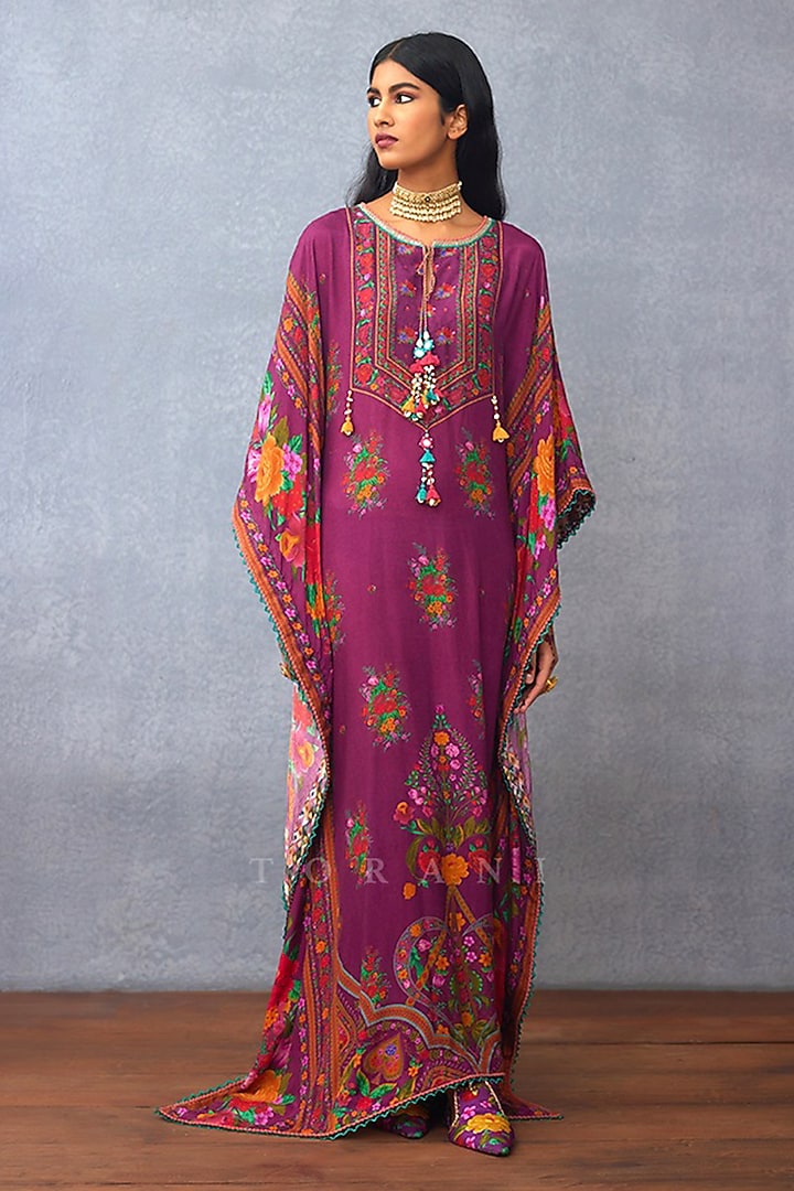 Purple Handwoven Chanderi Digital Printed Kaftan by TORANI at Pernia's Pop Up Shop