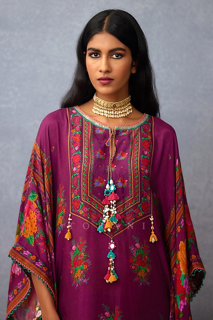 Purple Handwoven Chanderi Digital Printed Kaftan by TORANI at Pernia's Pop Up Shop