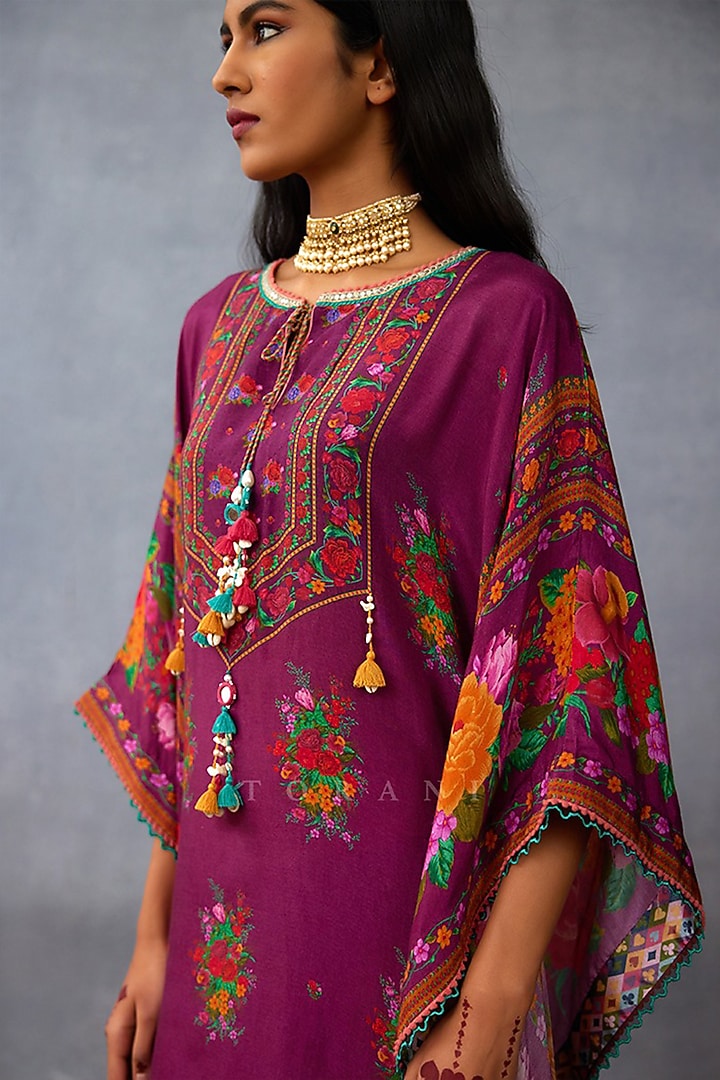 Purple Handwoven Chanderi Digital Printed Kaftan by TORANI at Pernia's Pop Up Shop