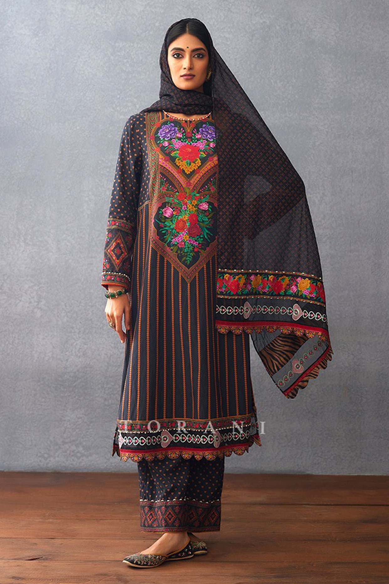 TORANI Black Jeni Silk Digital Printed Kurta Set