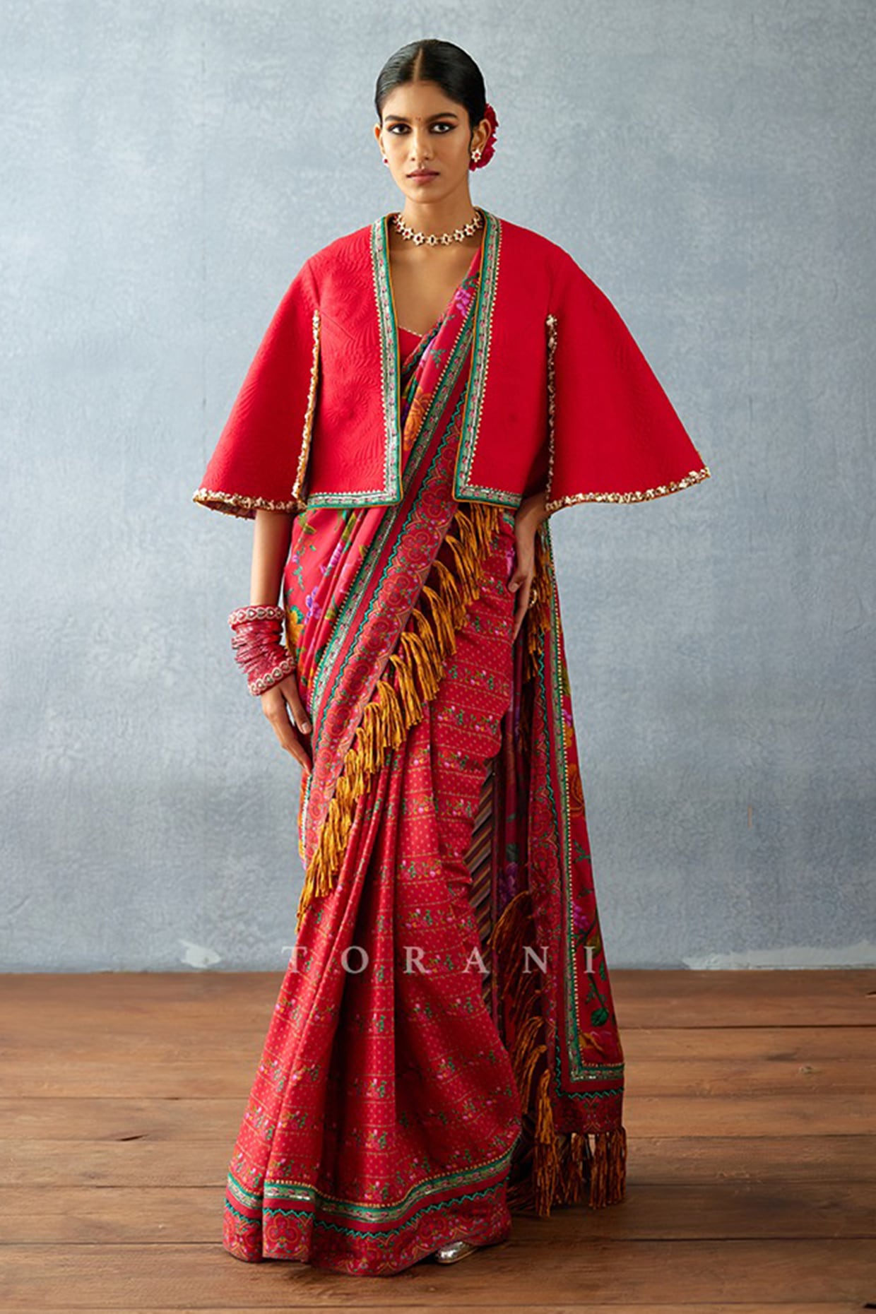 TORANI Red South Silk Slub Lace Work Cape