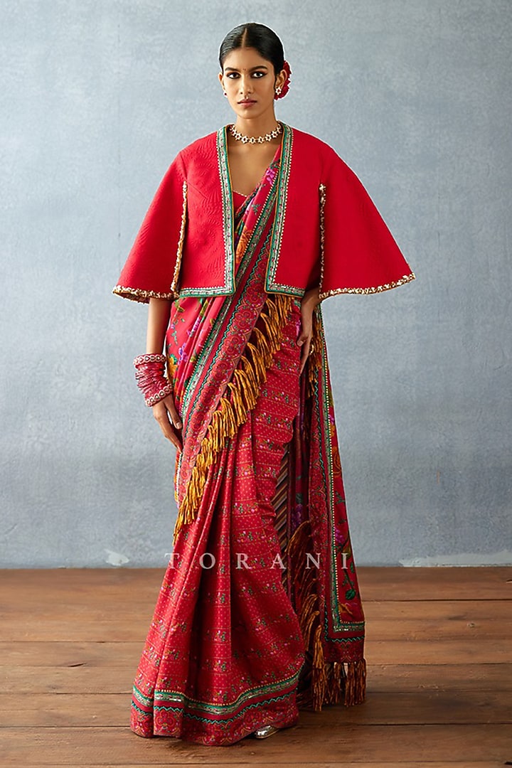 Red South Silk Slub Lace Work Cape by TORANI at Pernia's Pop Up Shop