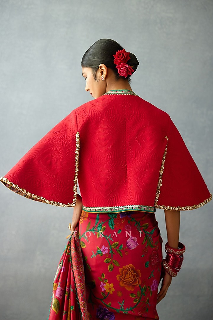 Red South Silk Slub Lace Work Cape by TORANI at Pernia's Pop Up Shop