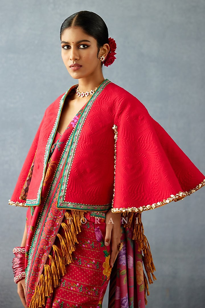 Red South Silk Slub Lace Work Cape by TORANI at Pernia's Pop Up Shop
