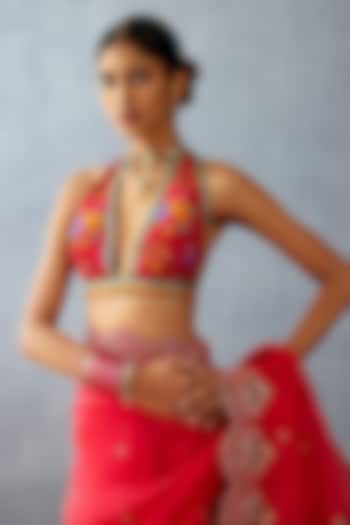 Red South Silk Slub Printed & Embroidered Blouse by TORANI at Pernia's Pop Up Shop