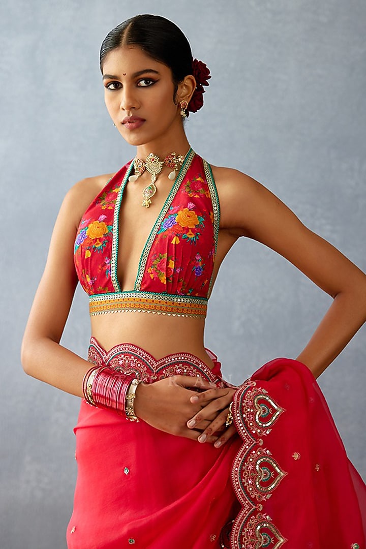 Red South Silk Slub Printed & Embroidered Blouse by TORANI at Pernia's Pop Up Shop