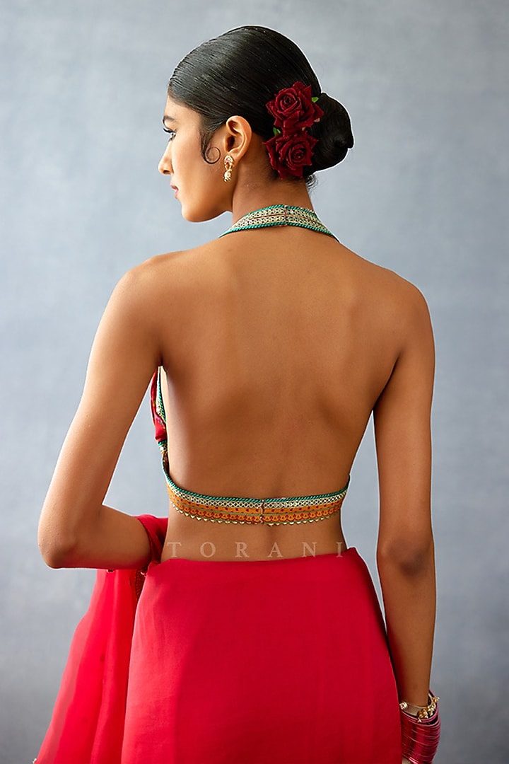 Red South Silk Slub Printed & Embroidered Blouse by TORANI at Pernia's Pop Up Shop