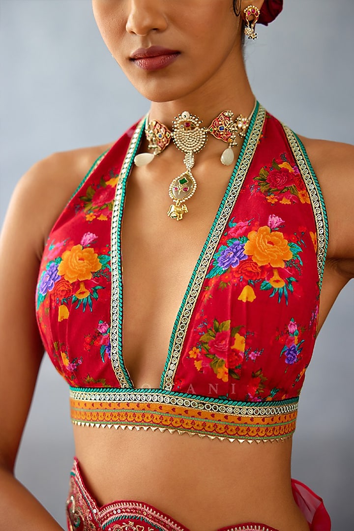 Red South Silk Slub Printed & Embroidered Blouse by TORANI at Pernia's Pop Up Shop