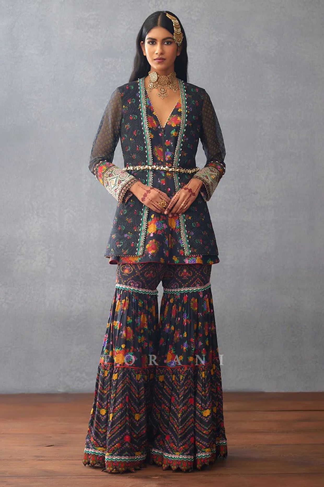 TORANI Black Muslin Silk Digital Printed Sharara Set