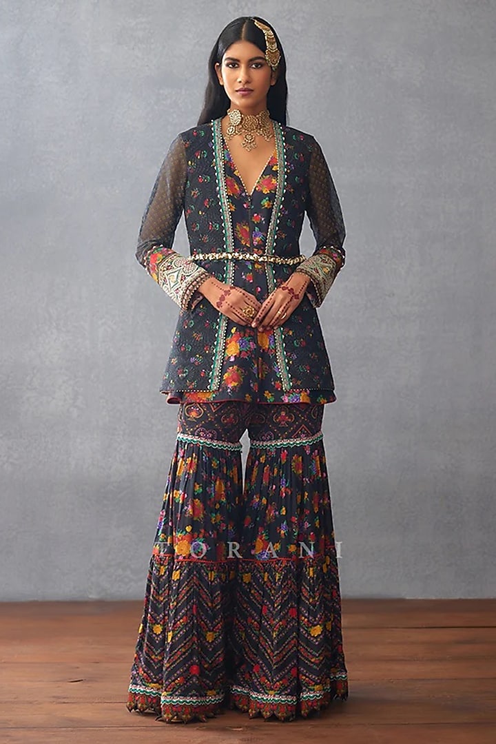Black Muslin Silk Digital Printed Wedding Sharara Set by TORANI at Pernia's Pop Up Shop