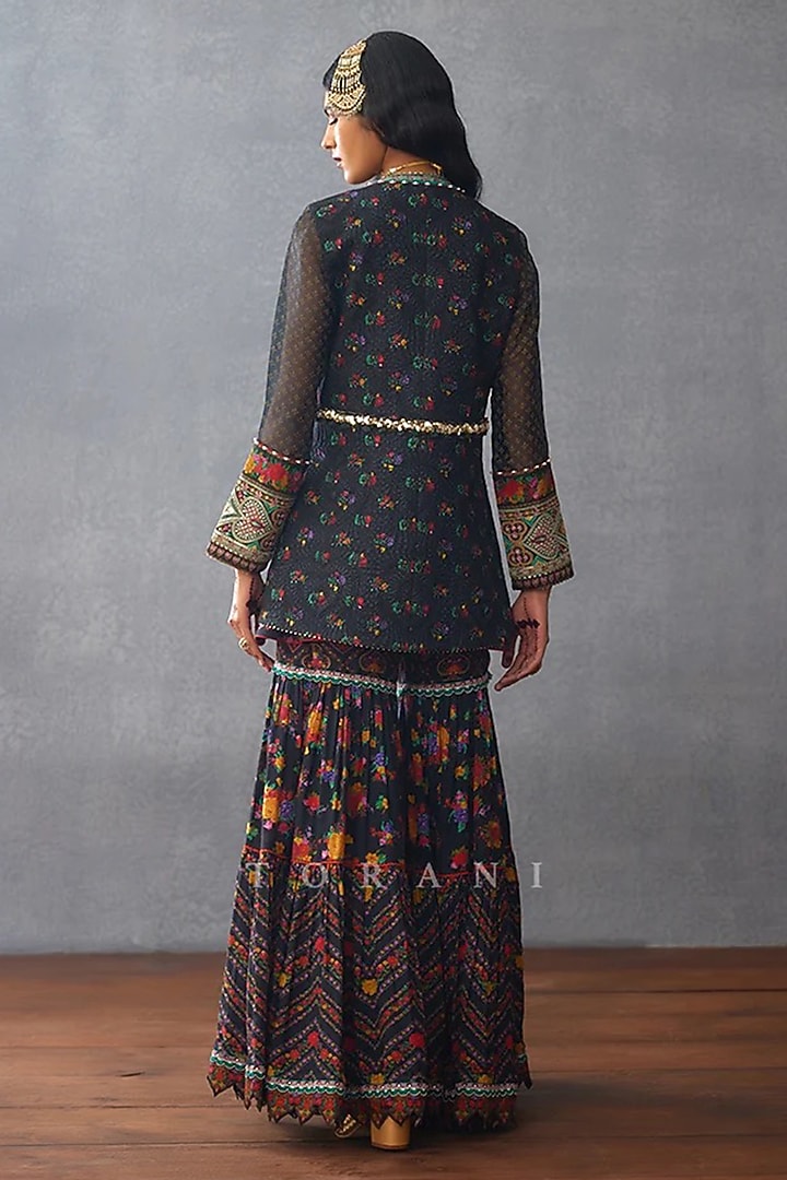 Black Muslin Silk Digital Printed Wedding Sharara Set by TORANI at Pernia's Pop Up Shop