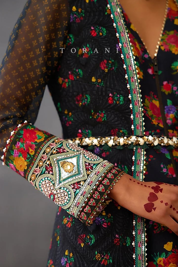 Black Muslin Silk Digital Printed Wedding Sharara Set by TORANI at Pernia's Pop Up Shop