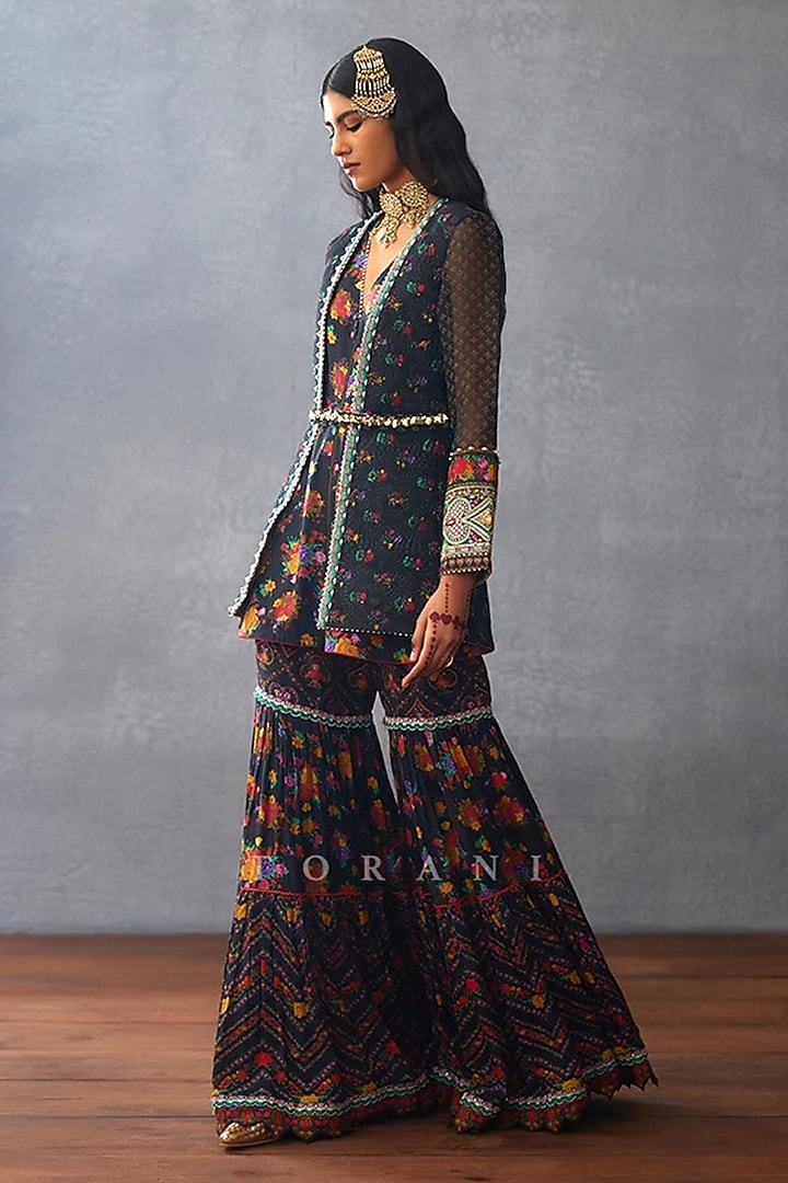 Black Muslin Silk Digital Printed Wedding Sharara Set by TORANI at Pernia's Pop Up Shop