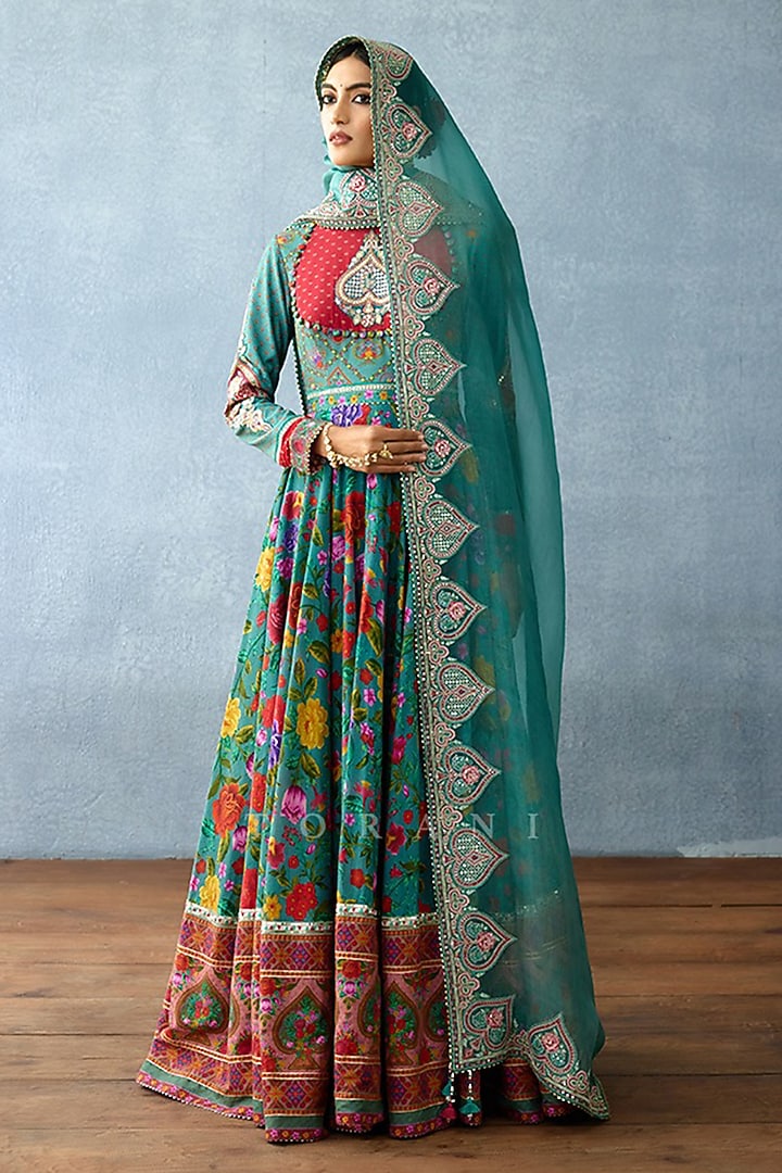 Aqua Blue Slub Silk Hand Embroidered & Digital Printed Bridal Anarkali Set by TORANI at Pernia's Pop Up Shop