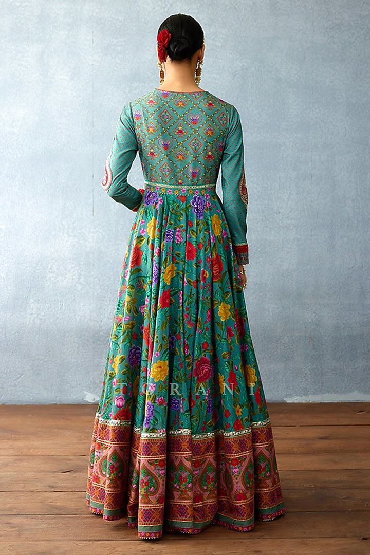 Aqua Blue Slub Silk Hand Embroidered & Digital Printed Bridal Anarkali Set by TORANI at Pernia's Pop Up Shop