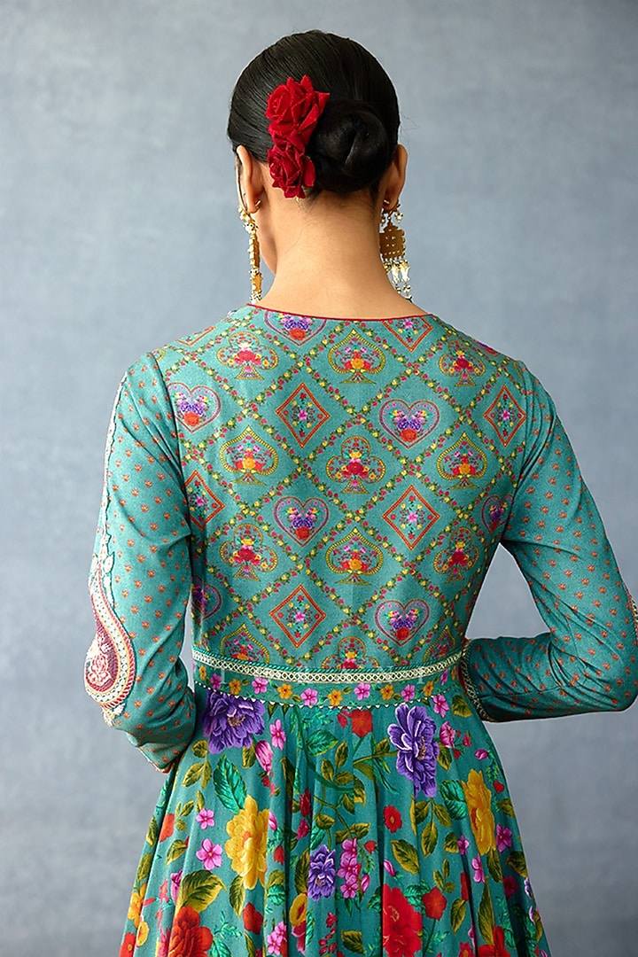 Aqua Blue Slub Silk Hand Embroidered & Digital Printed Bridal Anarkali Set by TORANI at Pernia's Pop Up Shop