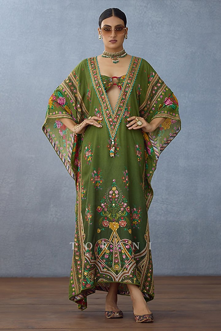 Green Slub Silk Digital Printed & Embroidered Kaftan by TORANI at Pernia's Pop Up Shop