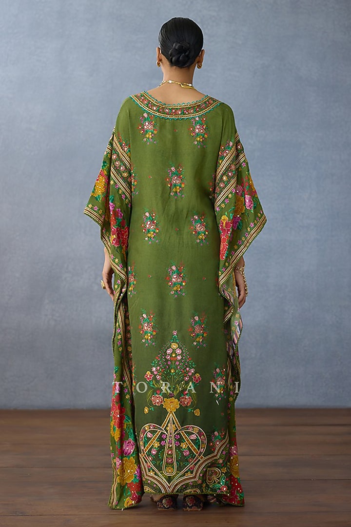 Green Slub Silk Digital Printed & Embroidered Kaftan by TORANI at Pernia's Pop Up Shop