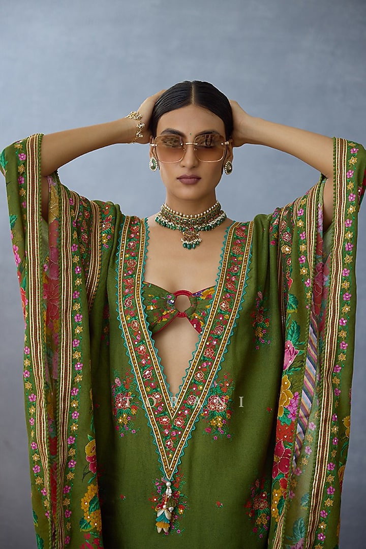 Green Slub Silk Digital Printed & Embroidered Kaftan by TORANI at Pernia's Pop Up Shop