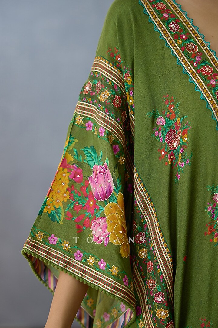 Green Slub Silk Digital Printed & Embroidered Kaftan by TORANI at Pernia's Pop Up Shop