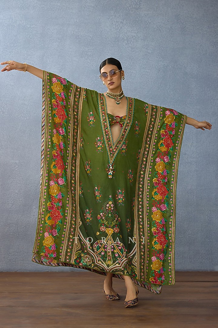 Green Slub Silk Digital Printed & Embroidered Kaftan by TORANI at Pernia's Pop Up Shop