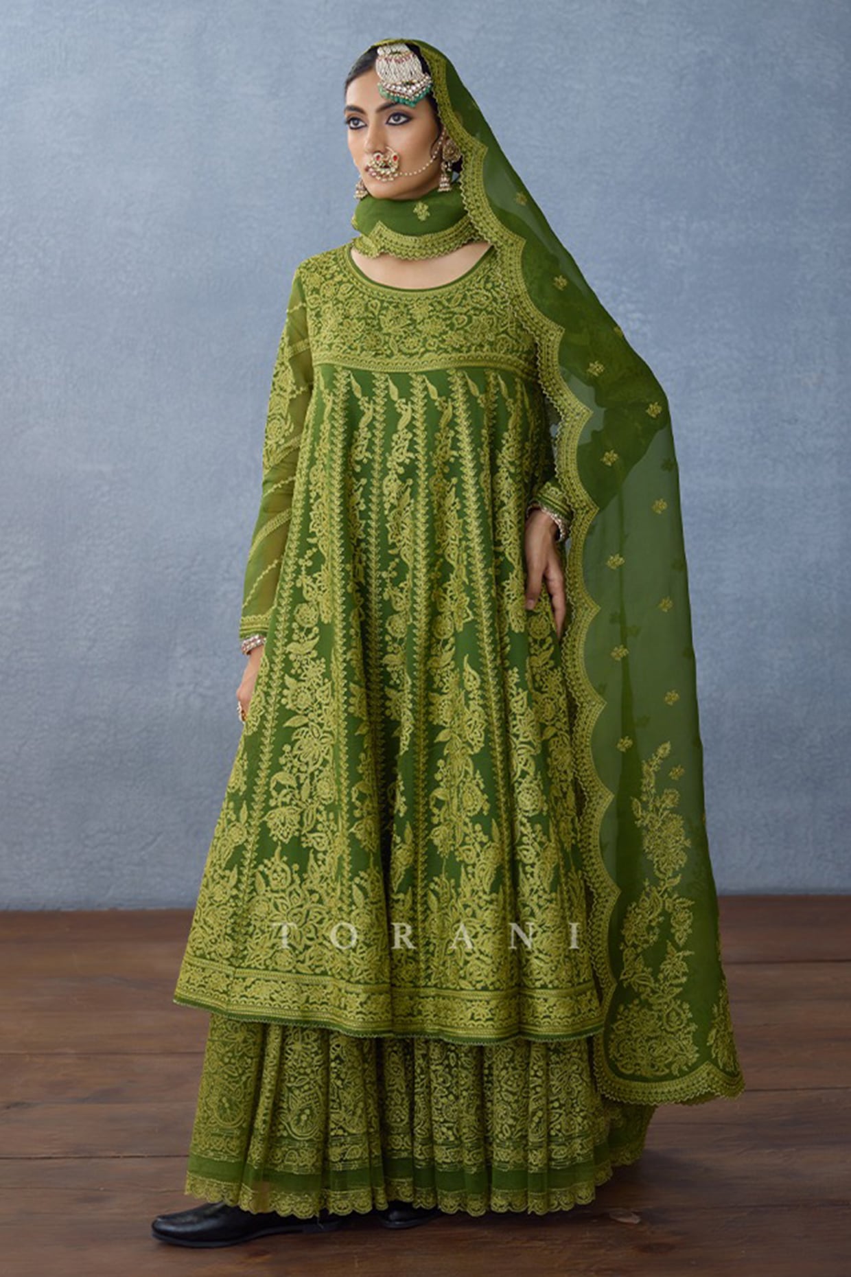 TORANI Green Butterfly Net Hand Embroidered & Digital Printed Anarkali Set