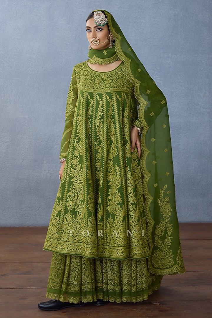 Green Butterfly Net Hand Embroidered & Digital Printed Bridal Anarkali Set by TORANI at Pernia's Pop Up Shop