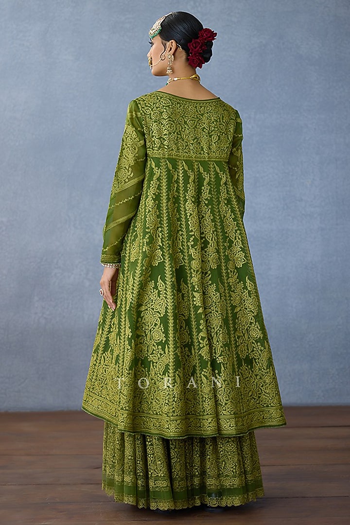 Green Butterfly Net Hand Embroidered & Digital Printed Bridal Anarkali Set by TORANI at Pernia's Pop Up Shop