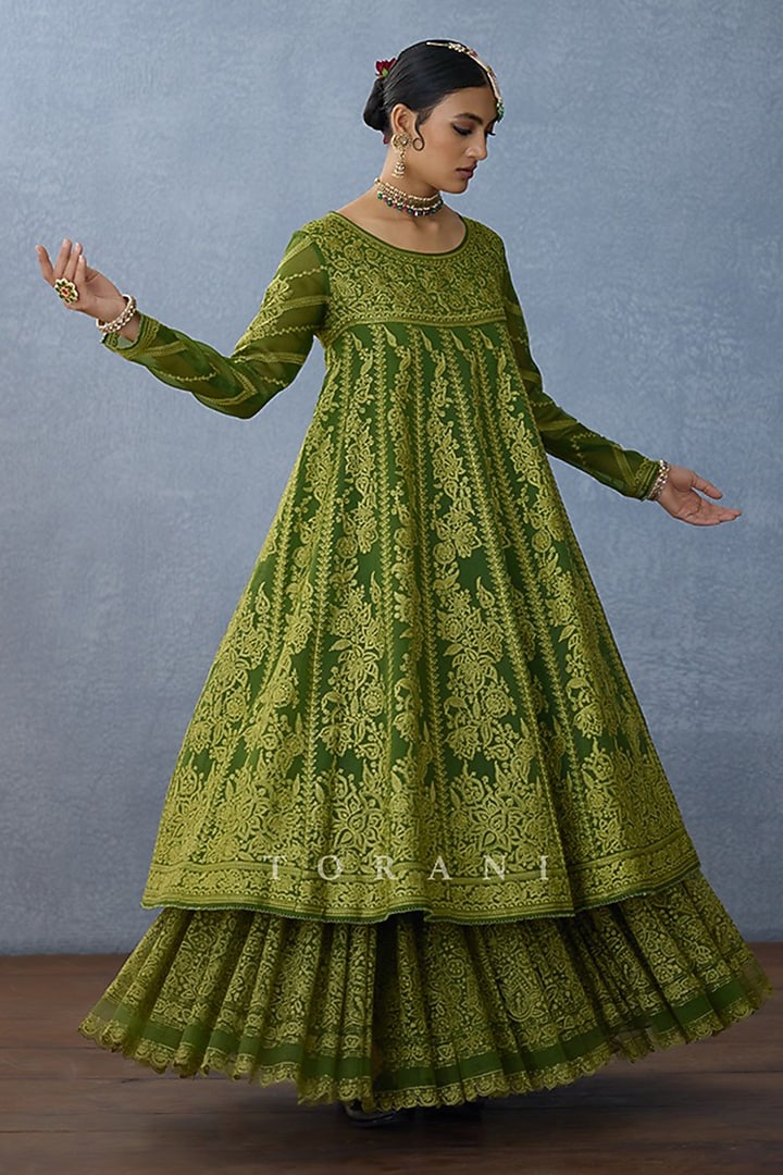 Green Butterfly Net Hand Embroidered & Digital Printed Bridal Anarkali Set by TORANI at Pernia's Pop Up Shop