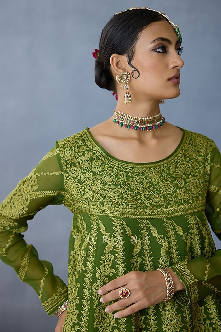 Green Butterfly Net Hand Embroidered & Digital Printed Bridal Anarkali Set by TORANI at Pernia's Pop Up Shop