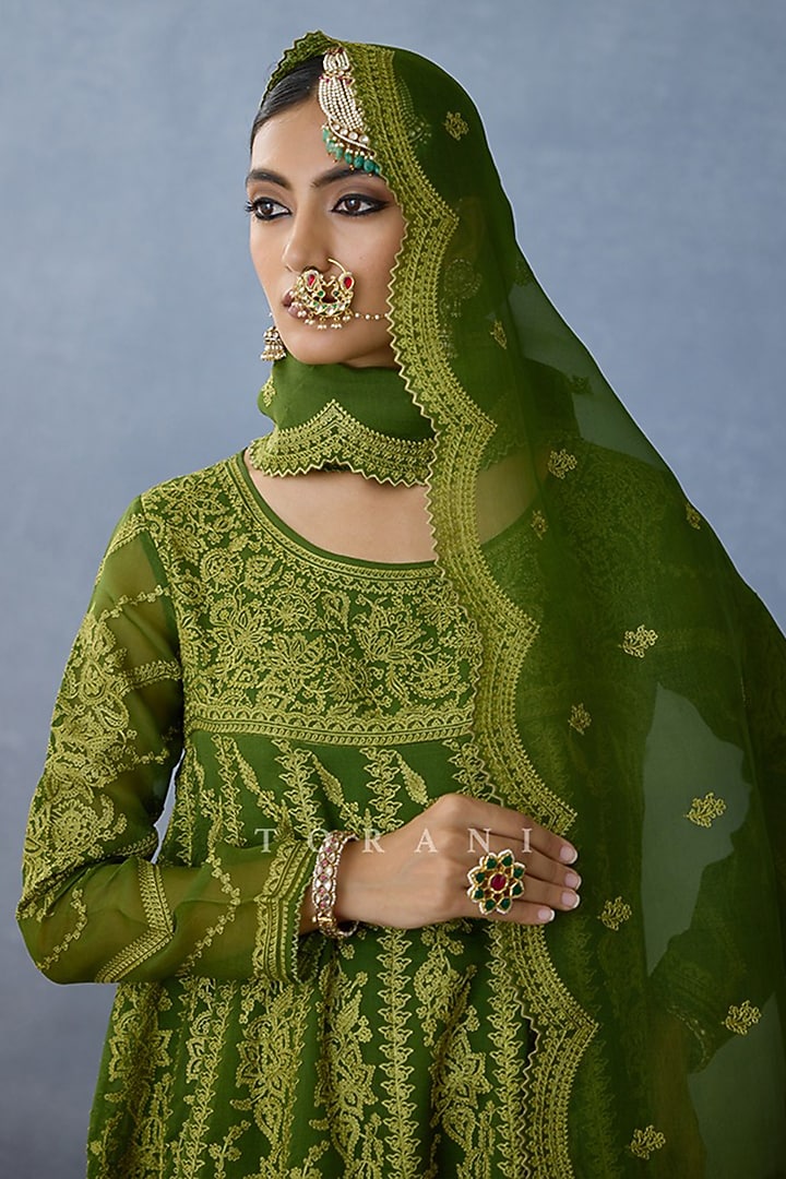 Green Butterfly Net Hand Embroidered & Digital Printed Bridal Anarkali Set by TORANI at Pernia's Pop Up Shop